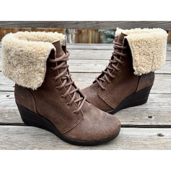 UGG Australia Shoes - UGG Zea Women’s 7 Wedge Winter Lace Up Ankle Boots Booties 1003360 - Brown